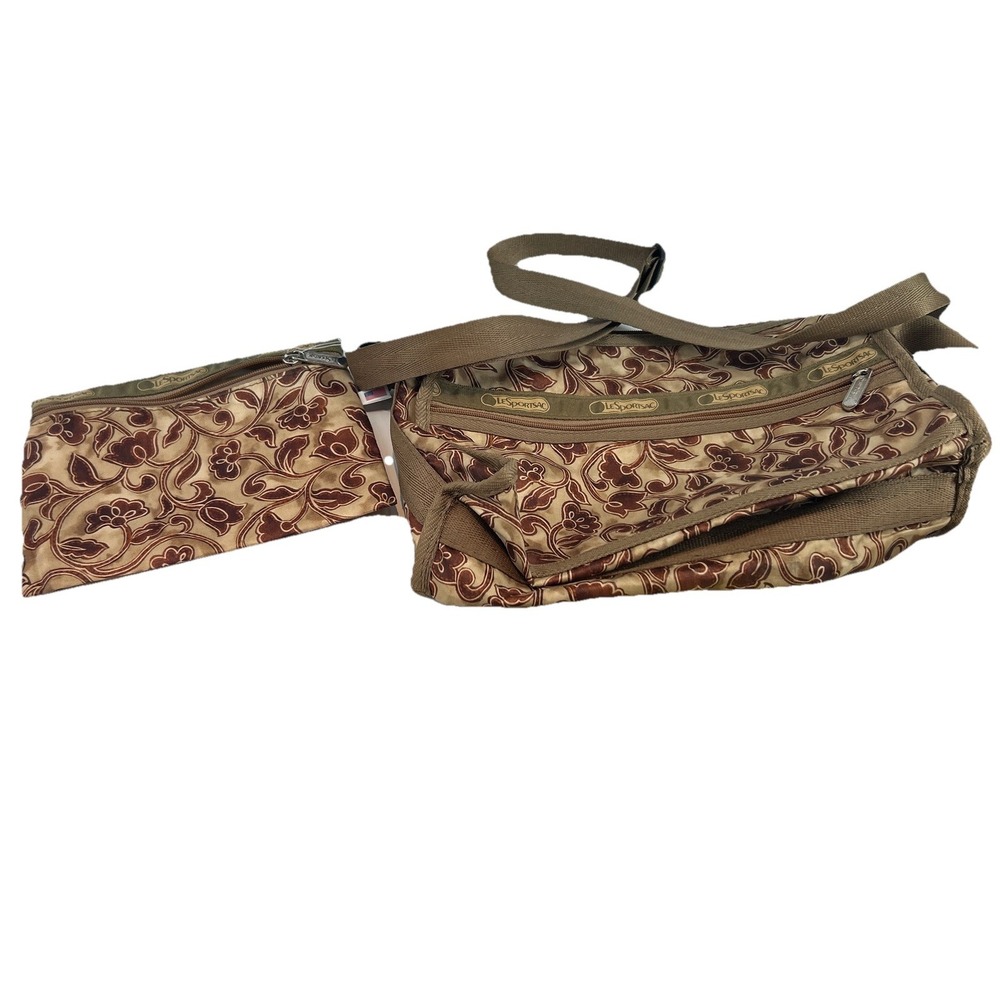 Lesportsac Shoulder Bag Crossbody Nylon Tan & Brown Paisley Style Floral Pattern
